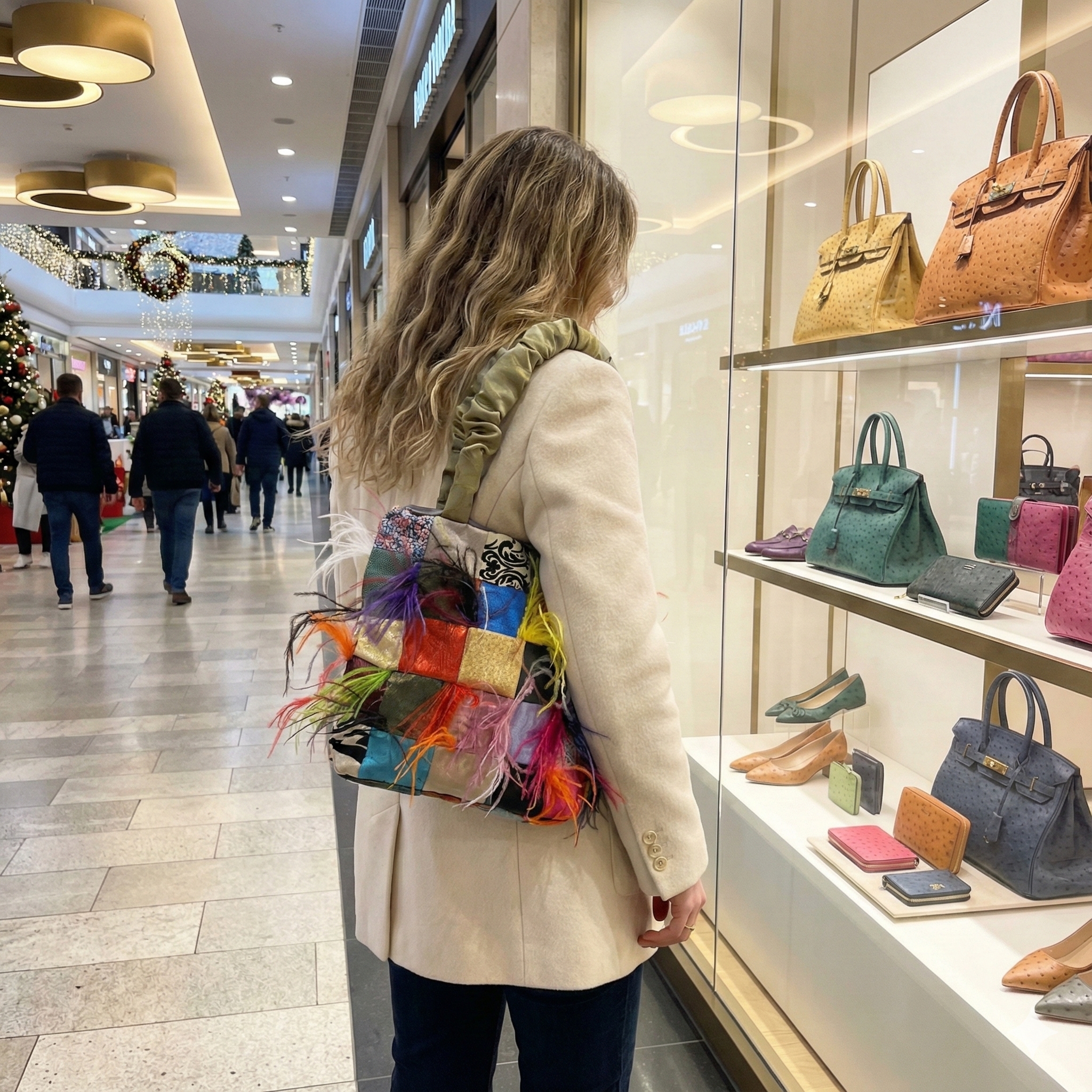 Umhänge-Stofftasche Kitty mit Straußenfedern FE10200